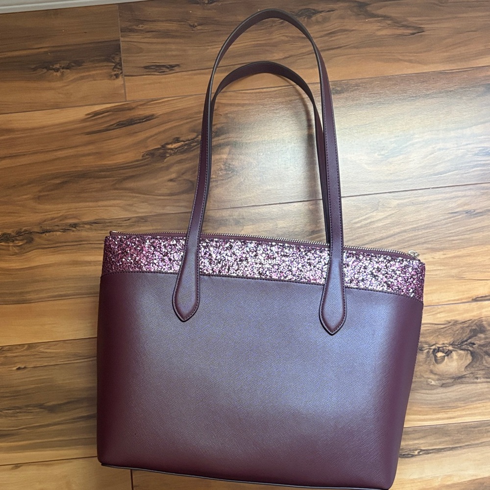 New Kate Spade Burgundy Tote Bag with Glitter Accent